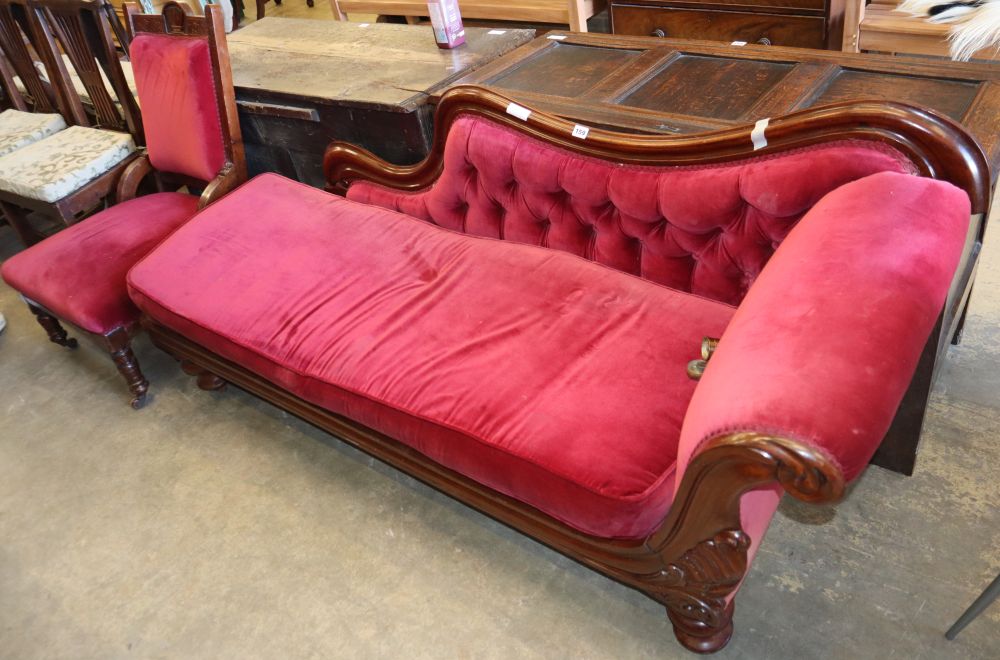 A Victorian mahogany chaise longue and a later salon chair